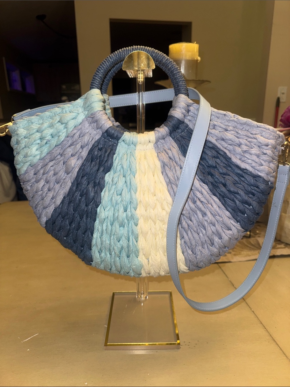 Striped Woven Shoulder Bag in Blue, Light Blue and Cream